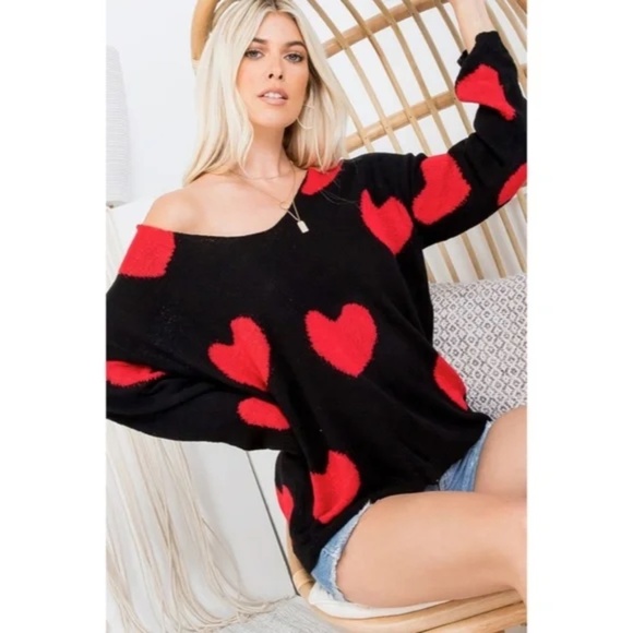 Black Red Multi Heart Knit V-Neck Valentines Day Long Sleeve Relaxed Sweater - Picture 1 of 10